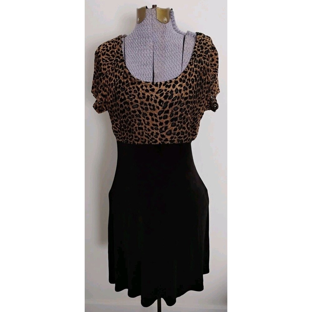 Vtg Gantos Mini Dress Woman’s Stretch Opaque Black Animal Print Fit & Flare XS/S
